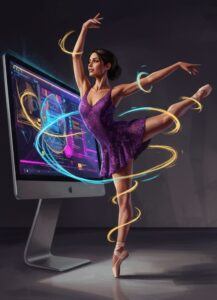 My AI Robot Friend showcase of Midjourney-generated digital art of a Latina ballet dancer with luminous energy lines symbolizing art and technology.
