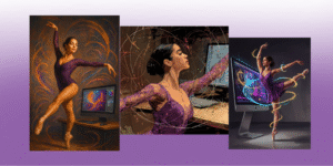AI art comparison of a Latina dancer in three digital styles — ChatGPT, Midjourney, and Google Nano Banna — showing how different AIs interpret the same creative prompt.