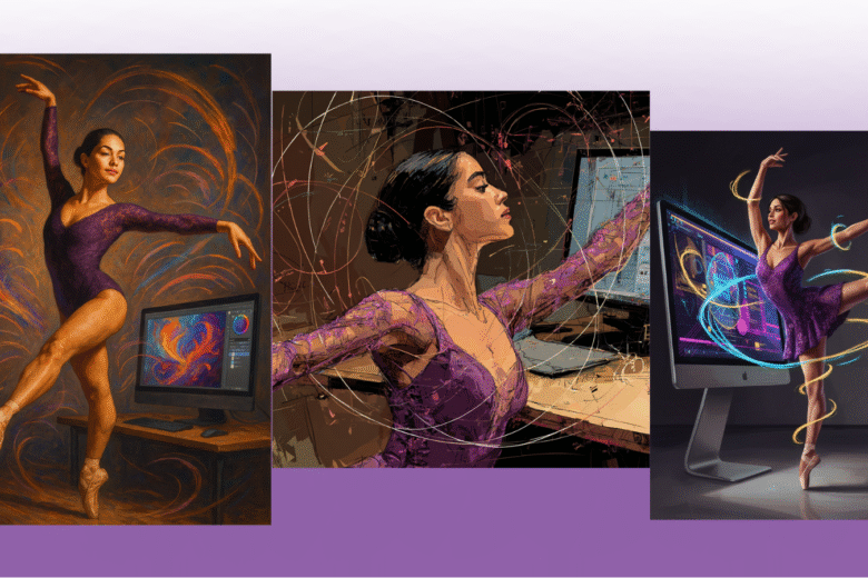 AI art comparison of a Latina dancer in three digital styles — ChatGPT, Midjourney, and Google Nano Banna — showing how different AIs interpret the same creative prompt.