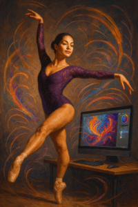 AI-generated digital painting of a Latina ballet dancer in a purple lace leotard performing beside a glowing computer screen, symbolizing the fusion of art and technology.